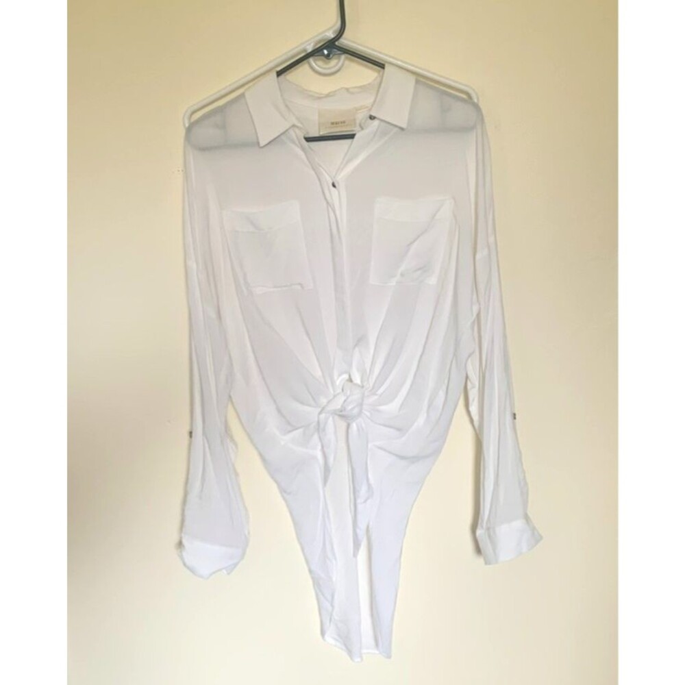 Maeve White Button Down Tie Front Blouse Size XS roll tab sleeves